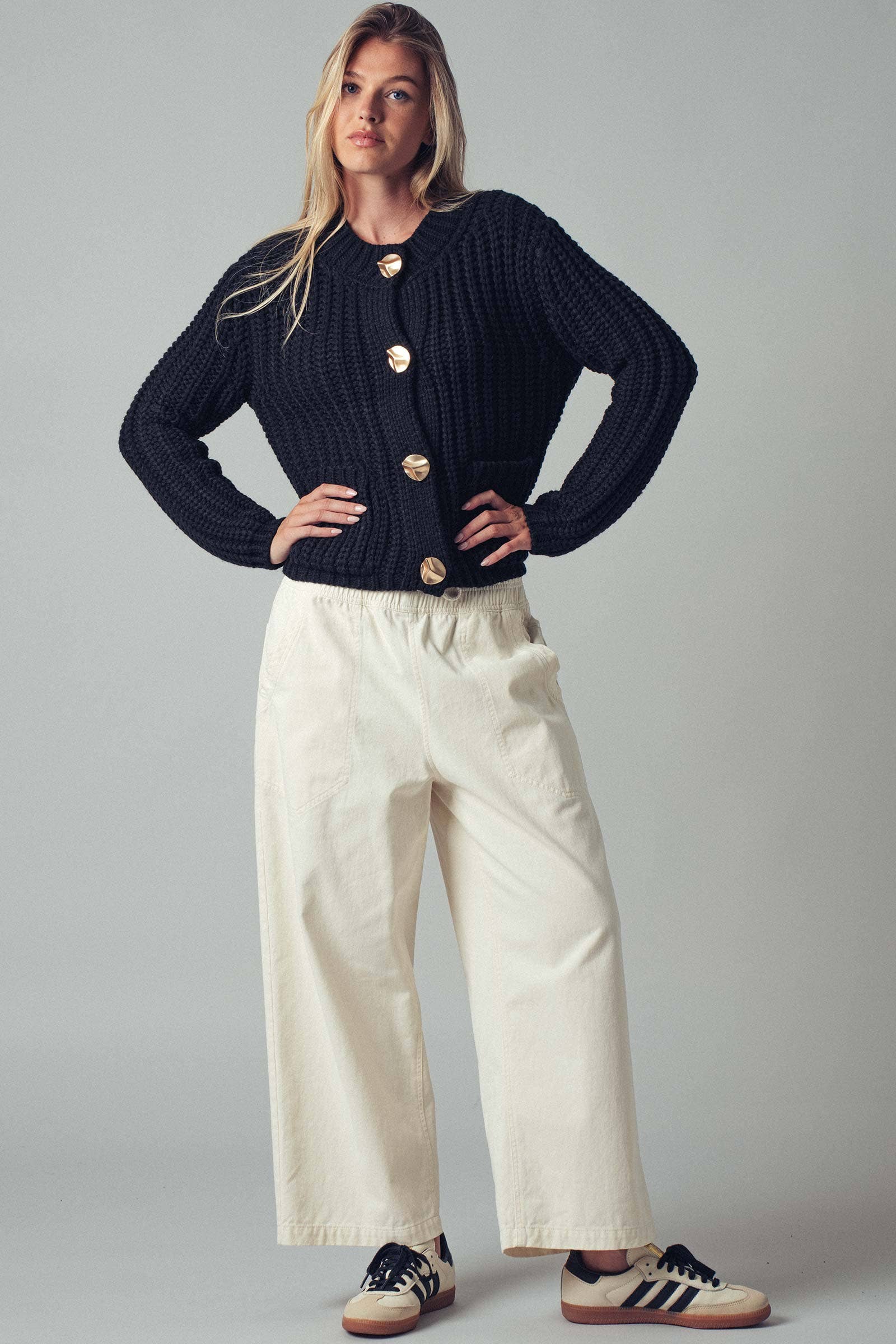 Black Chunky Gold Button Ribbed Knit Cardigan, Feathered Farmhouse
