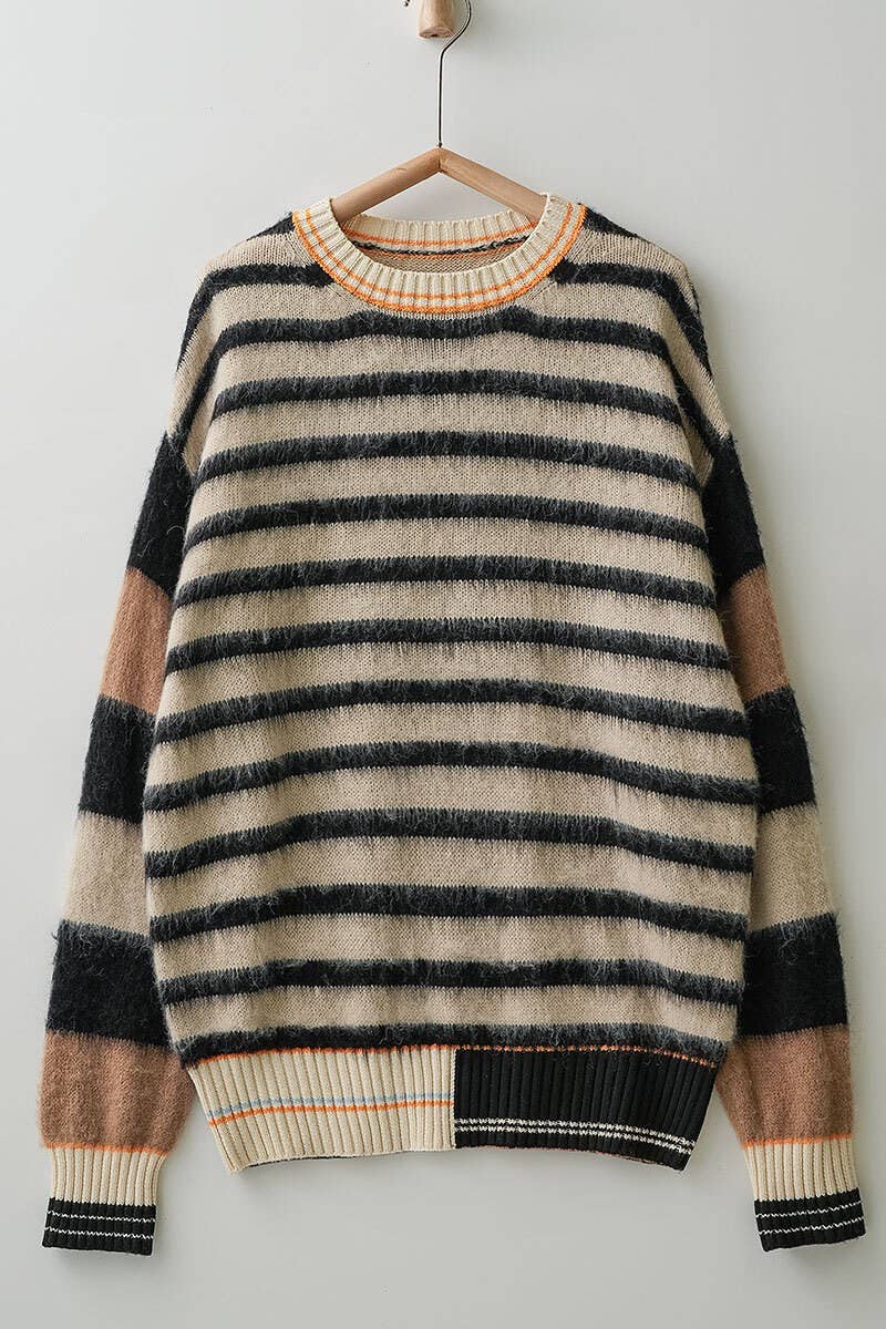 Striped Fuzzy Pullover, Feathered Farmhouse