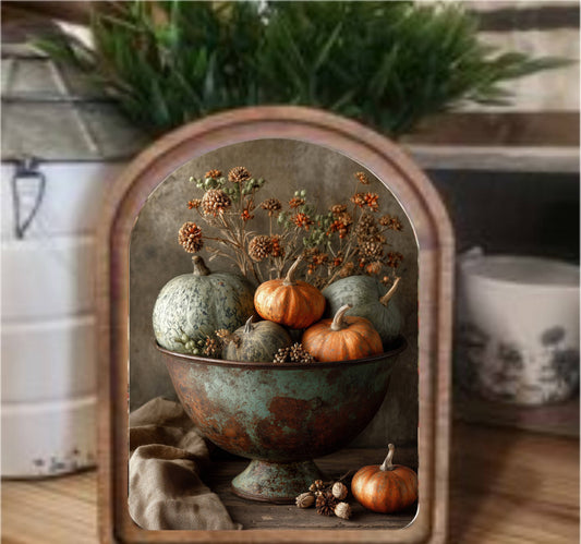 Pumpkins In Bowl Framed Arch Top, Feathered Farmhouse