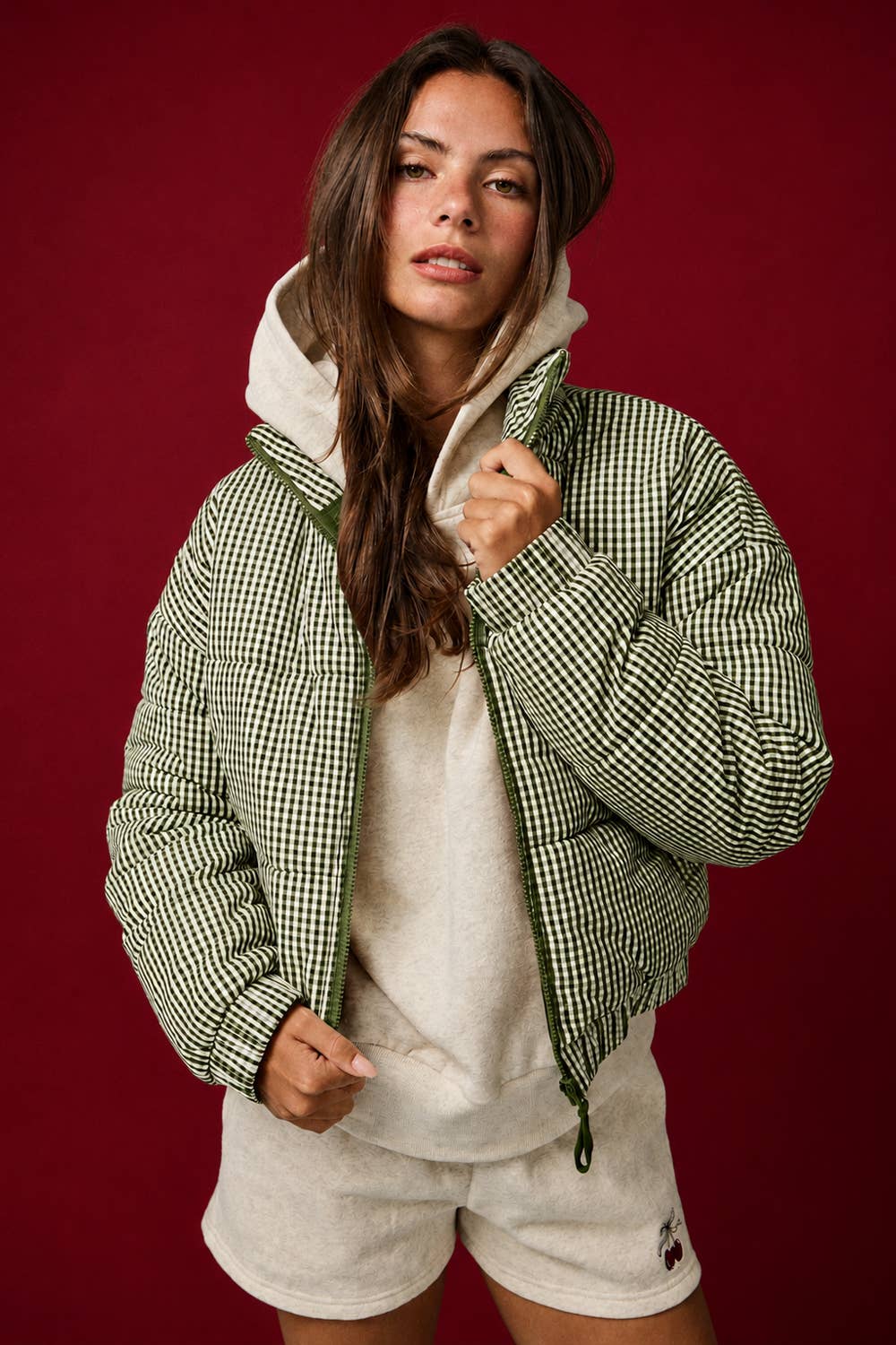 Gingham Zip Up Puffer Jacket, Feathered Farmhouse