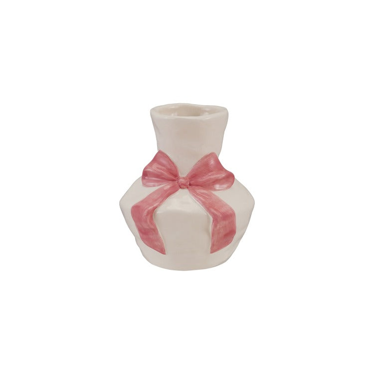Hand-Painted Ceramic Vase With Bow, Feathered Farmhouse