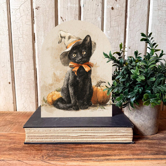 Black Cat Halloween Arched Shelf Sitter, Feathered Farmhouse
