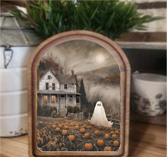 Moody Ghost House Framed Art Arch Top, Feathered Farmhouse