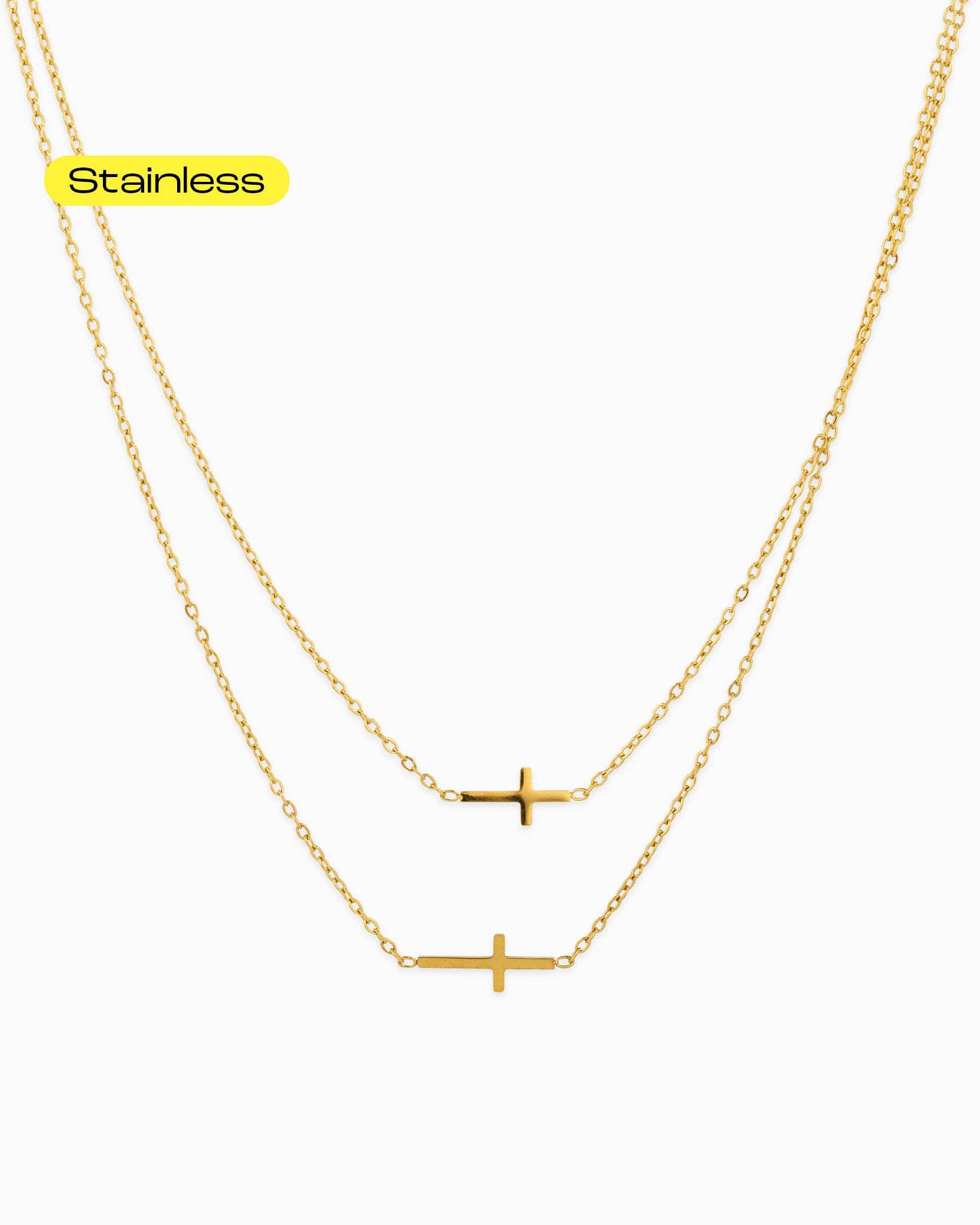 Stainless Layered Cross Necklace, Feathered Farmhouse