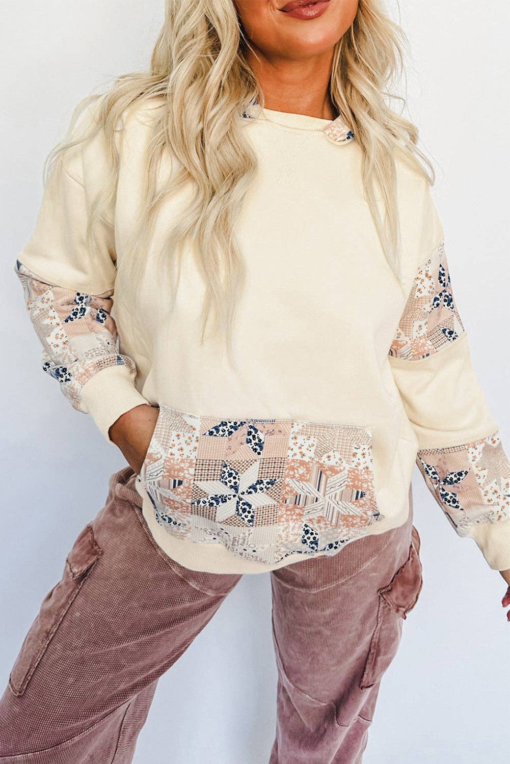 Beige Western Geo Pattern Patchwork Hoodie with Kangaroo Pocket, Feathered Farmhouse