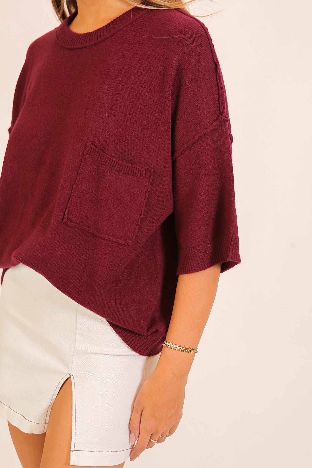 Burgundy Clara Pocket Knit Sweater, Feathered Farmhouse