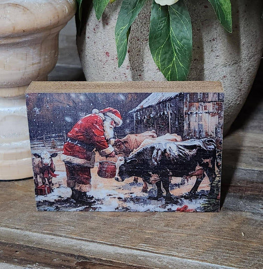 Printed Block Santa With Cows, Feathered Farmhouse