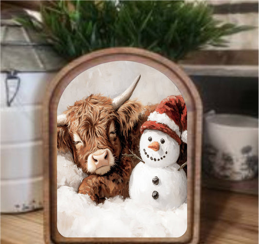 Highland Snowman Framed Art Arch Top, Feathered Farmhouse