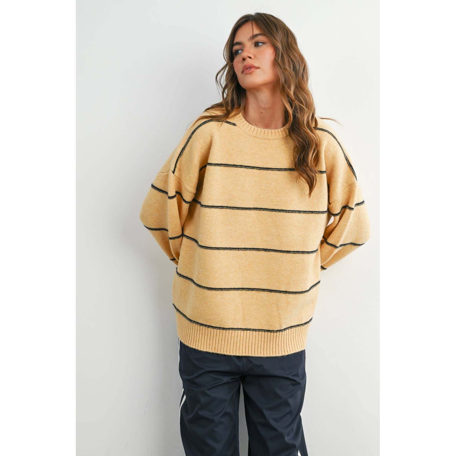 Striped Pattern Drop Shoulder Sweater, Feathered Farmhouse