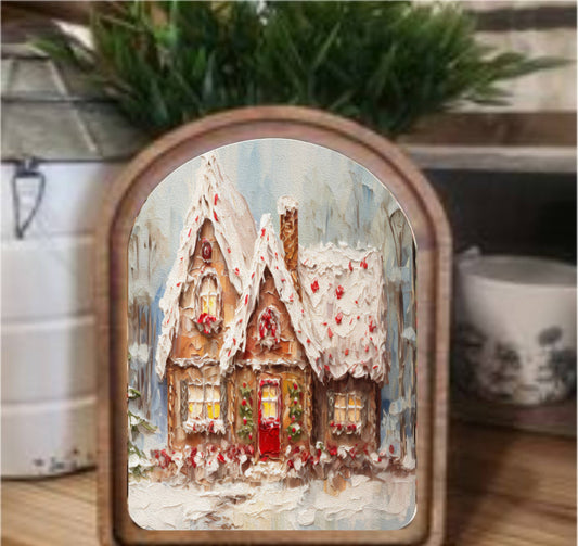 Gingerbread Cottage Framed Art Arch Top, Feathered Farmhouse
