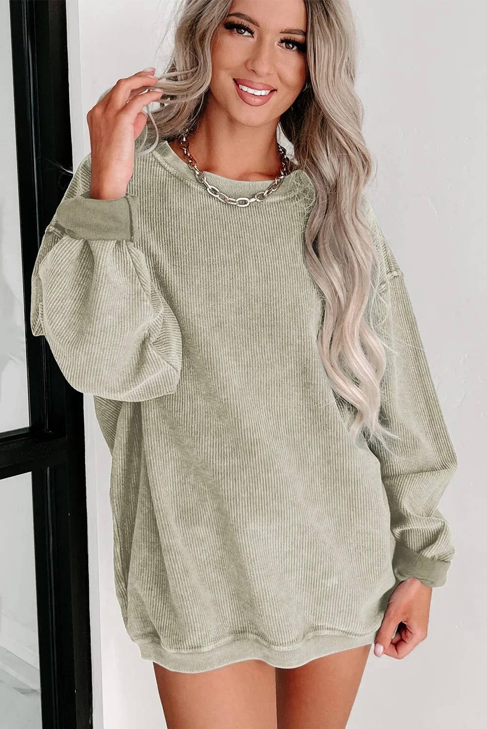 Ribbed Knit Round Neck Pullover Sweatshirt, The Feathered Farmhouse