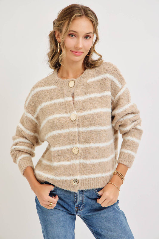 Cozy Striped Button Up Cardigan, Feathered Farmhouse