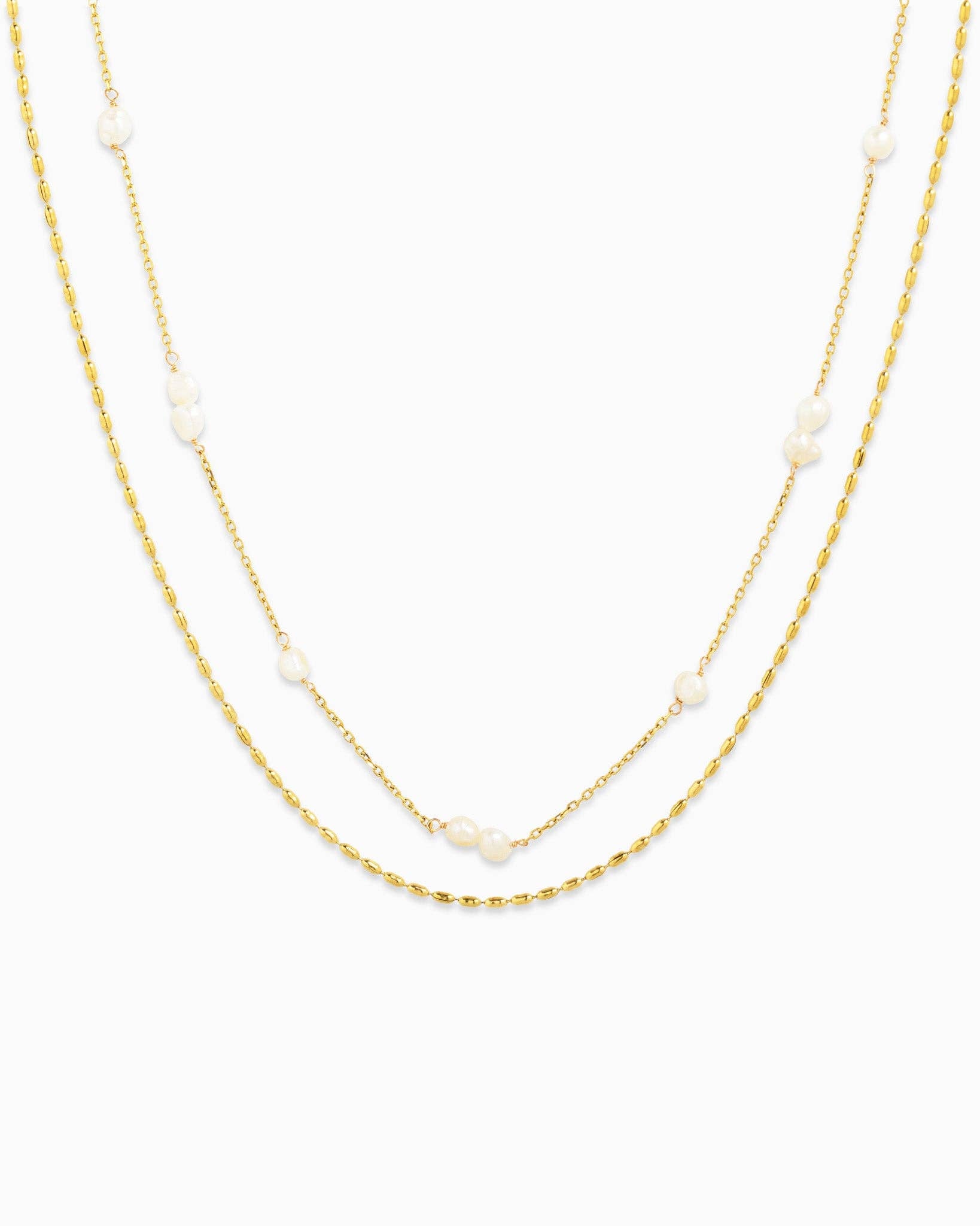 Stainless Steel Pearl Station Oval Chain Layered Necklace, Feathered Farmhouse