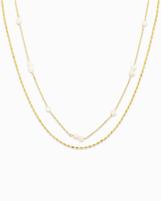 Stainless Steel Pearl Station Oval Chain Layered Necklace, Feathered Farmhouse