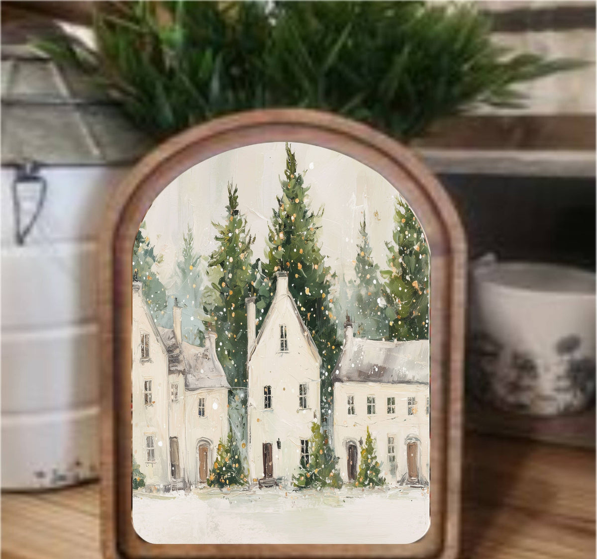 White Christmas Houses Framed Arch Top, Feathered Farmhouse