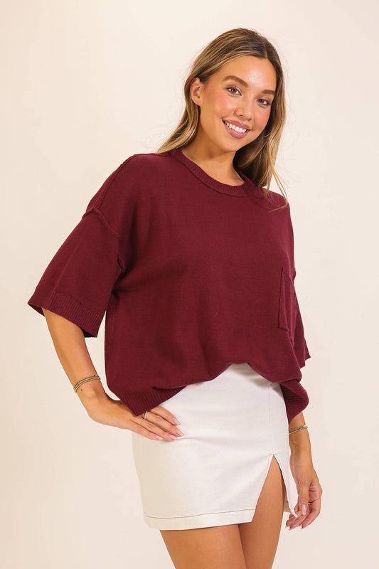 Burgundy Clara Pocket Knit Sweater, Feathered Farmhouse