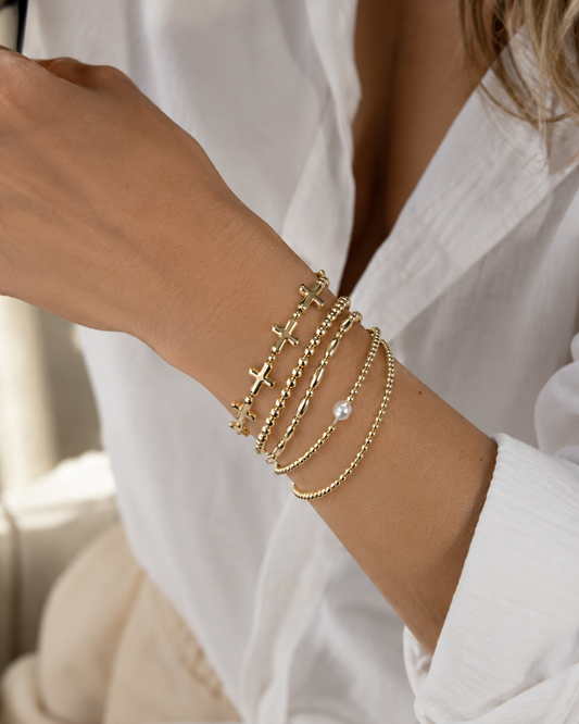 Cross & Pearl 5-Piece Stretch Bracelet Set, Feathered Farmhouse