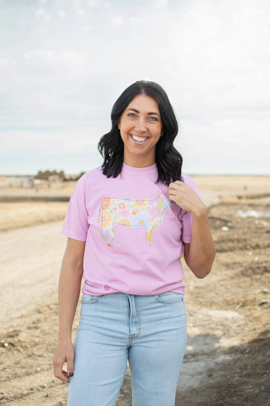 Spring Retro Floral Cow Graphic Tee, Feathered Farmhouse