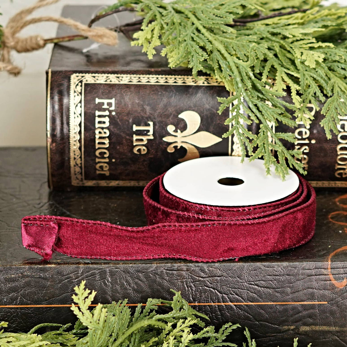 Burgundy Wired Velvet Ribbon, Feathered Farmhouse