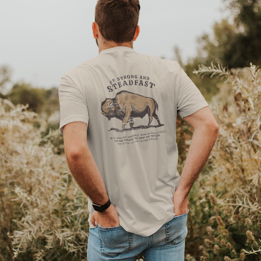 Be Strong and Steadfast Buffalo Christian Graphic Tee, Feathered Farmhouse