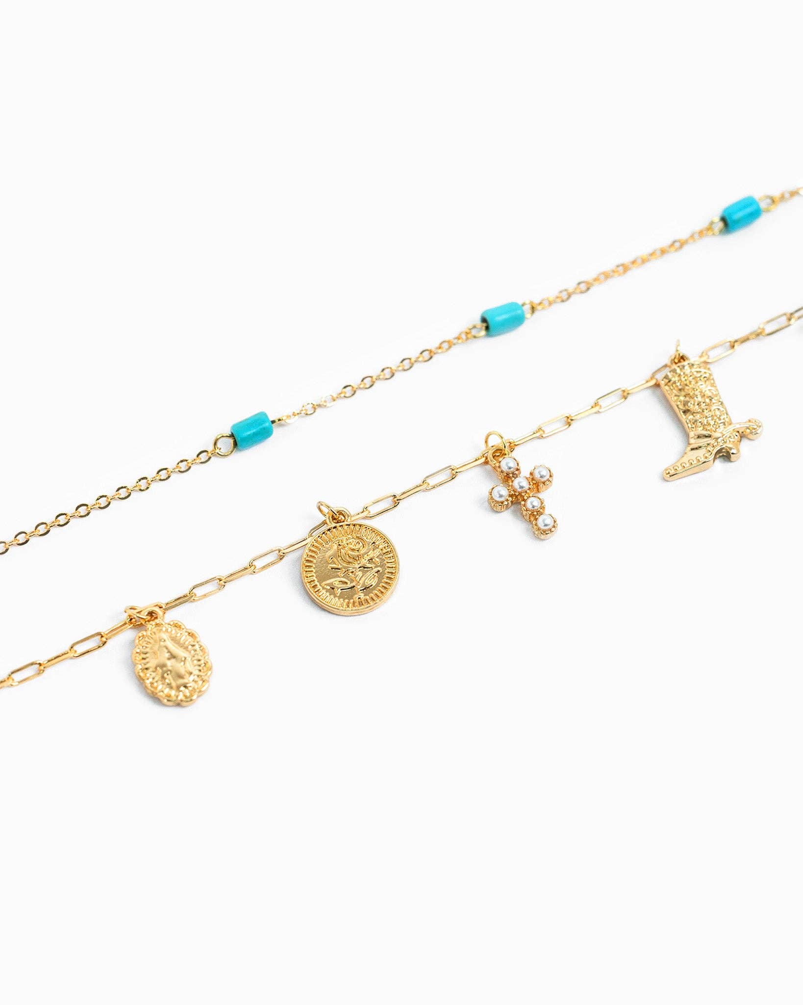 Western Layered Turquoise Heart & Faith Charm Necklace, Feathered Farmhouse