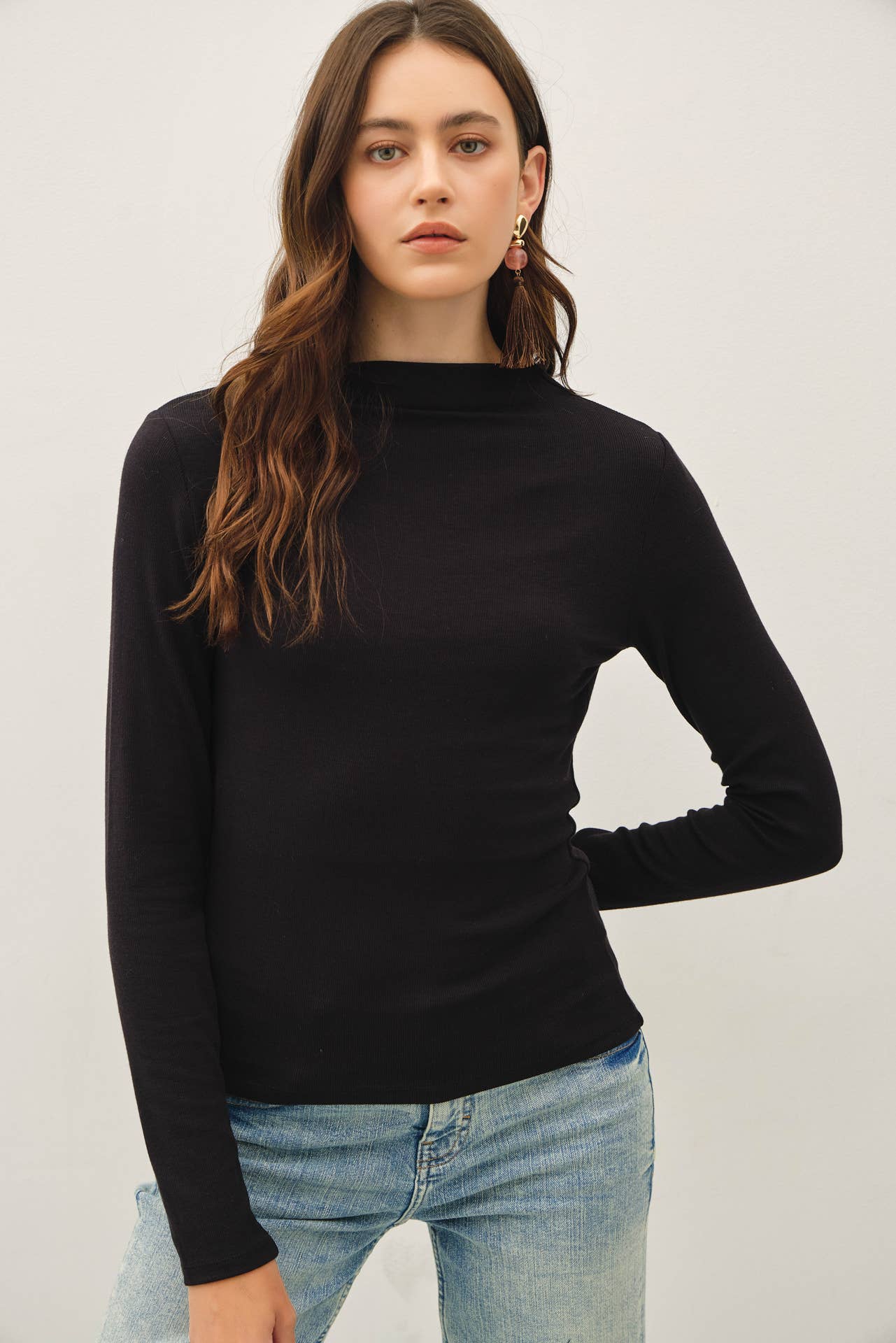 Black Basic Ribbed Mockneck Knit Top, Feathered Farmhouse