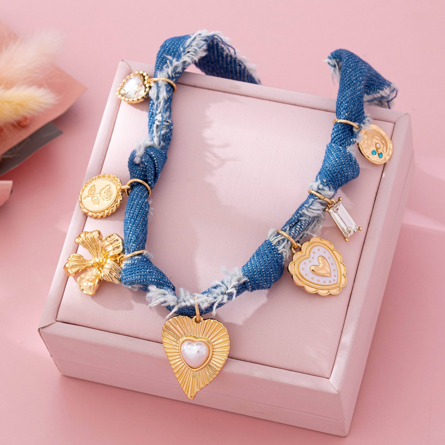 Distressed Denim Heart Floral Charm Necklace, Feathered Farmhouse