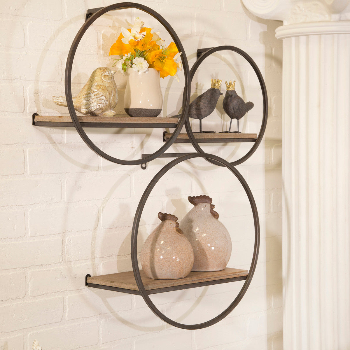 Round Wood and Metal Wall Shelf, Feathered Farmhouse