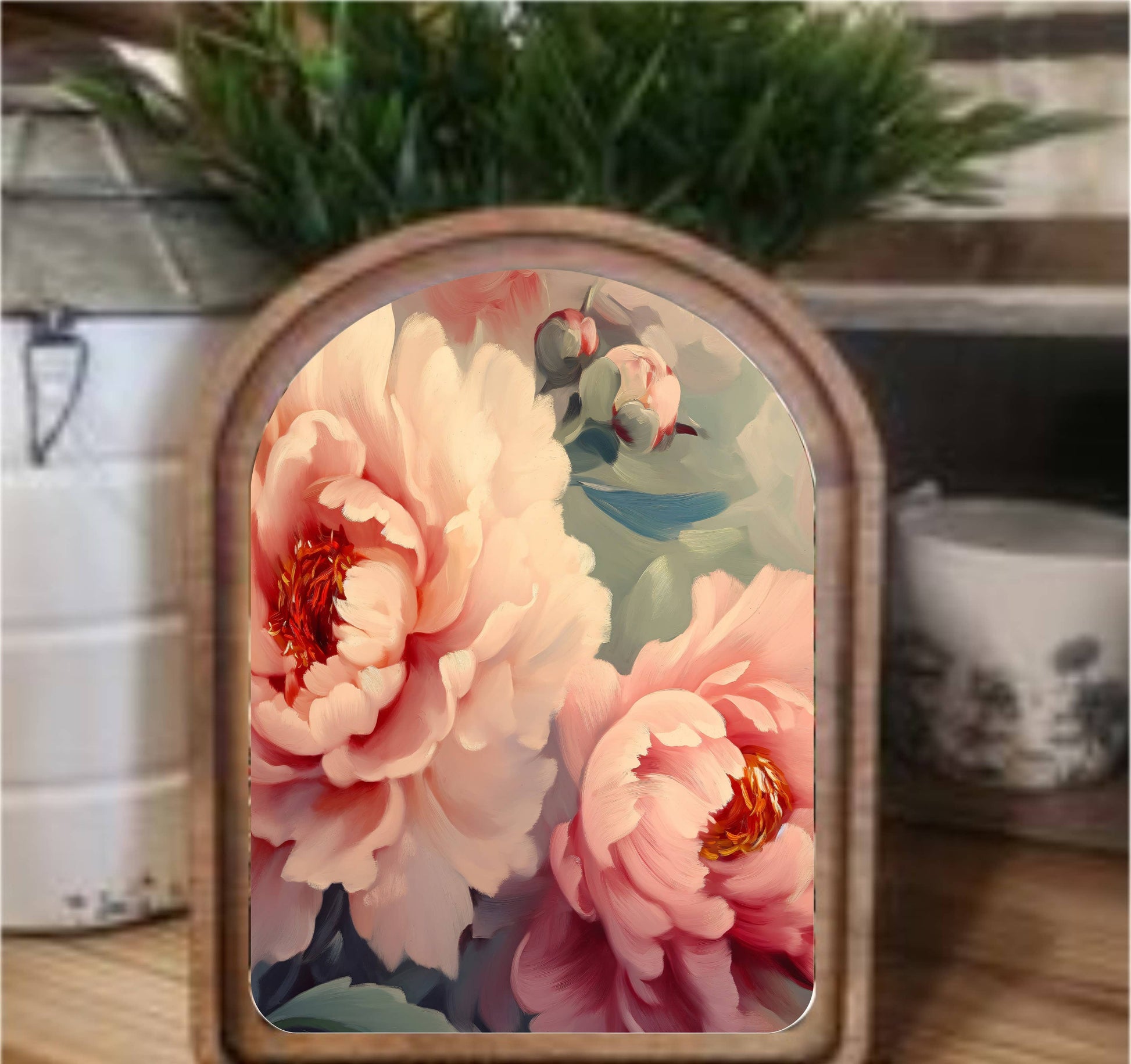Pink Flowers Framed Art Arch Top, Feathered Farmhouse