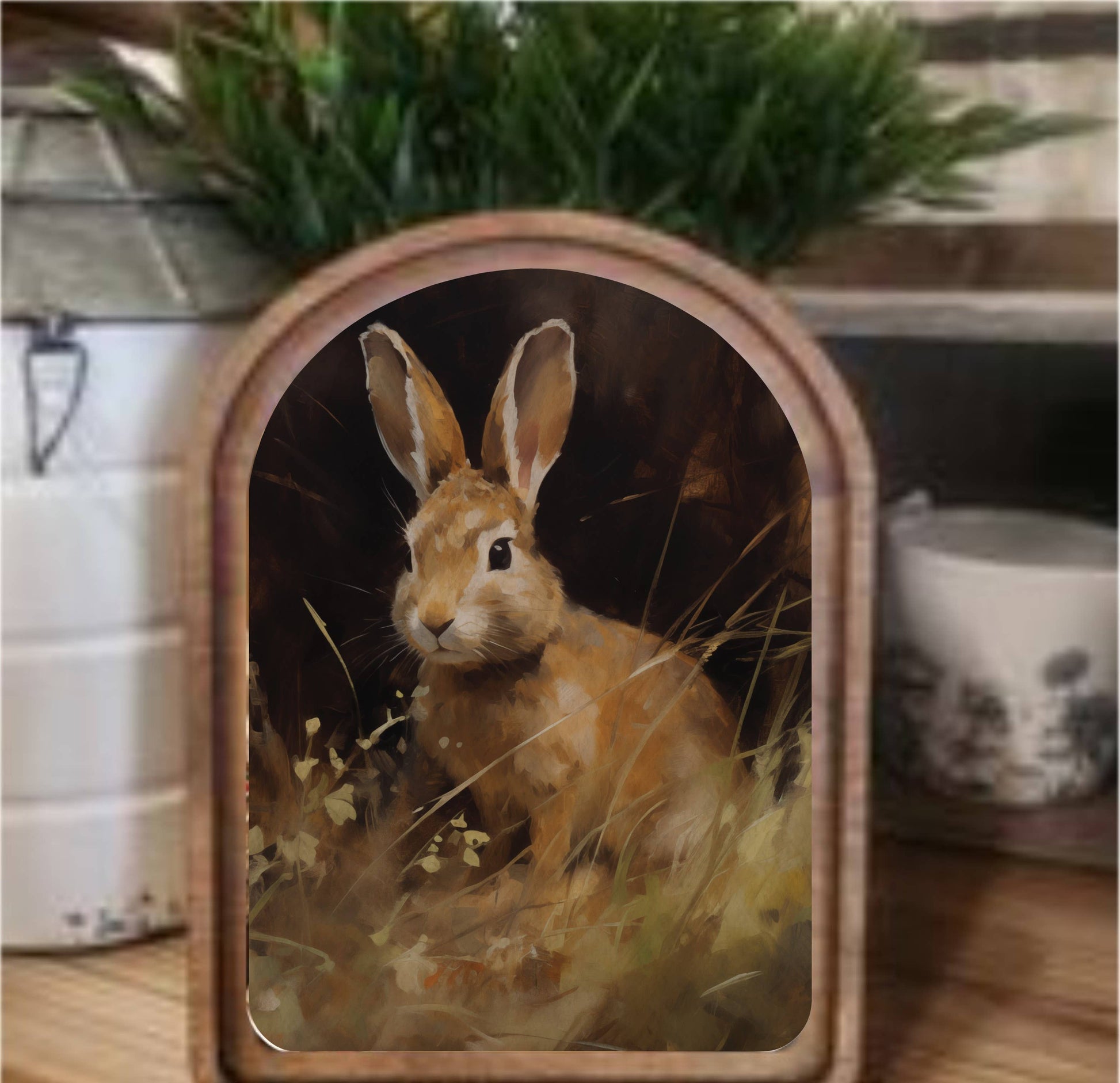 Bunny Framed Art Arch Top, Feathered Farmhouse