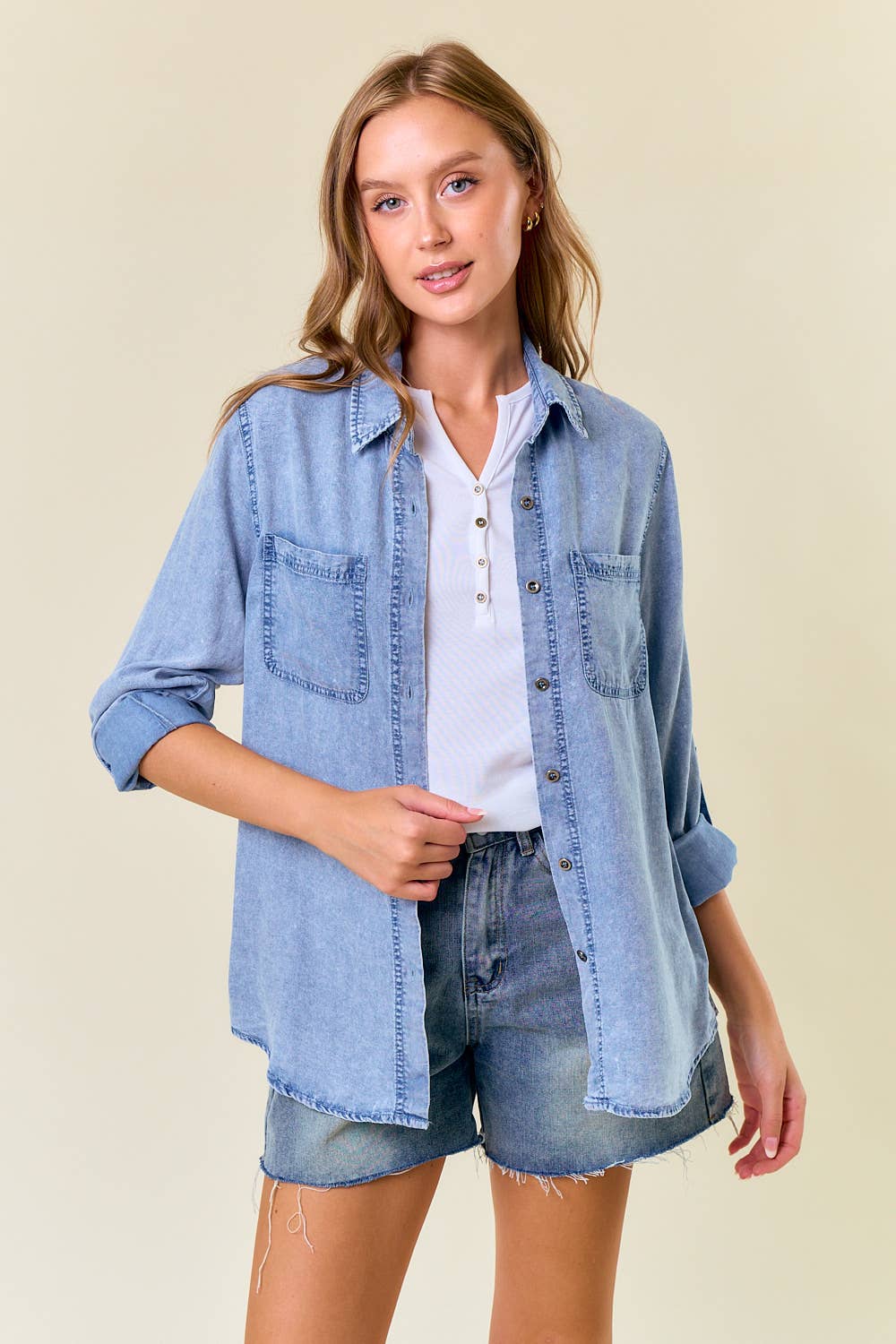Light Wash Chambray Shirt, Feathered Farmhouse