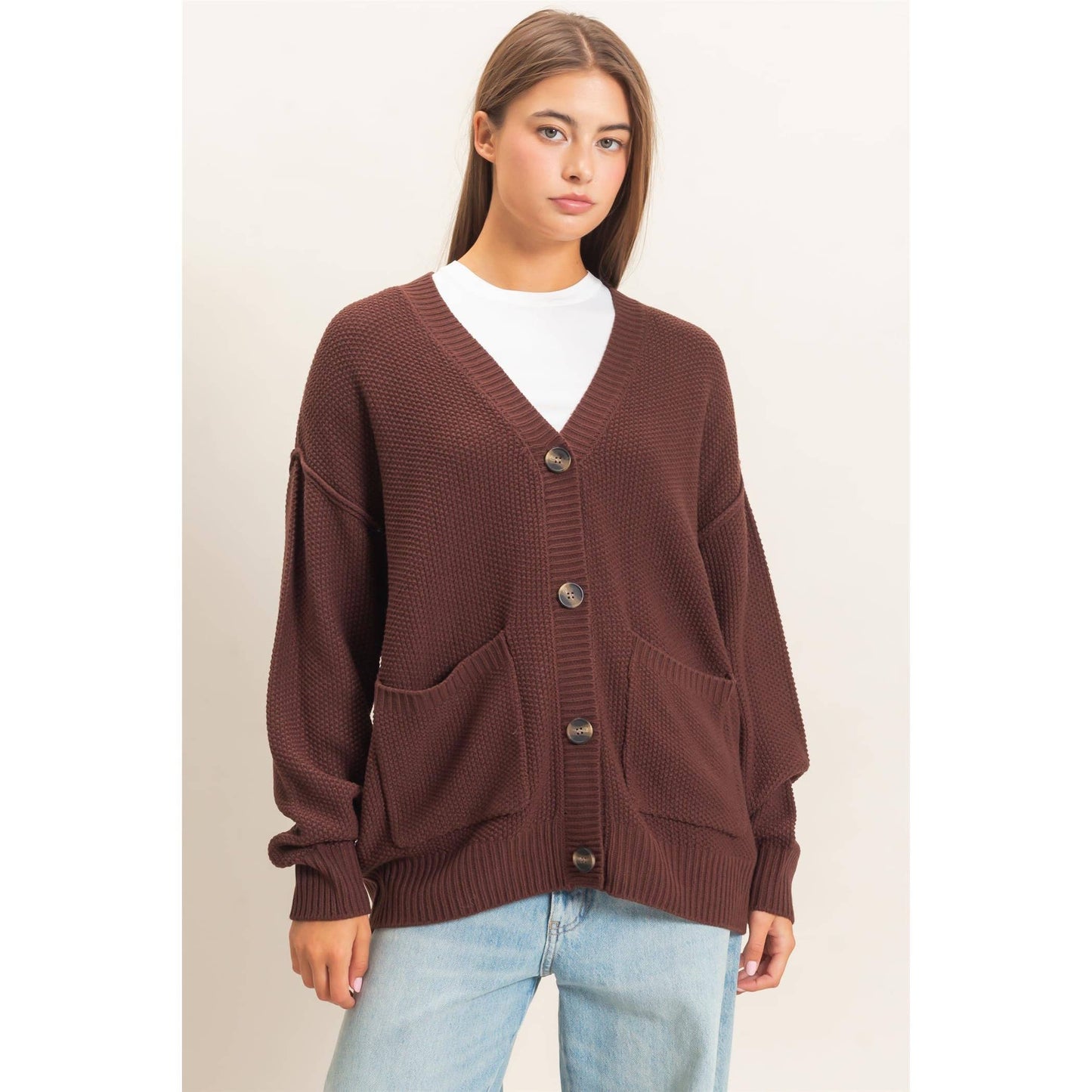 Textured Oversized Knit Buttoned Cardigan, Feathered Farmhouse