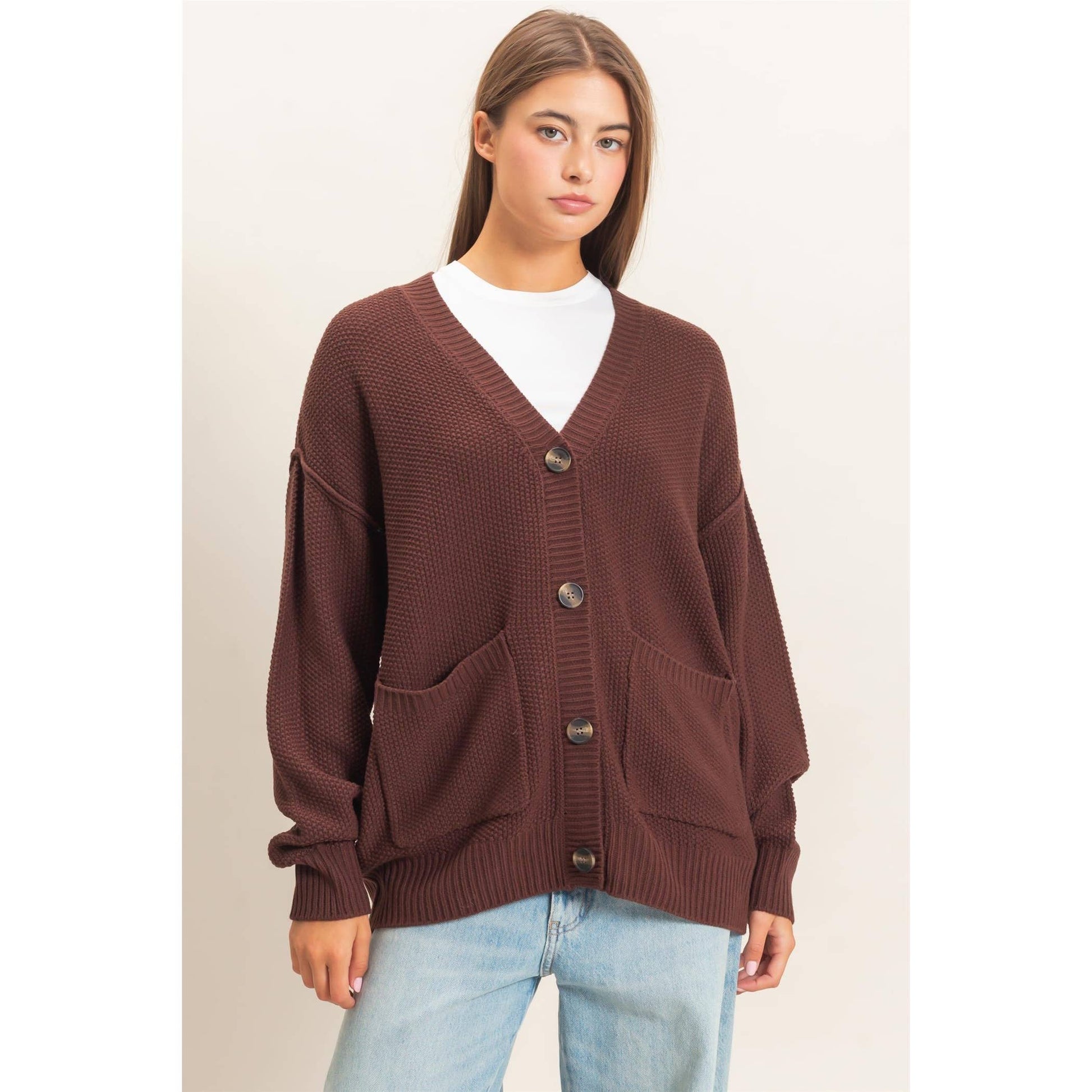 Textured Oversized Knit Buttoned Cardigan, Feathered Farmhouse