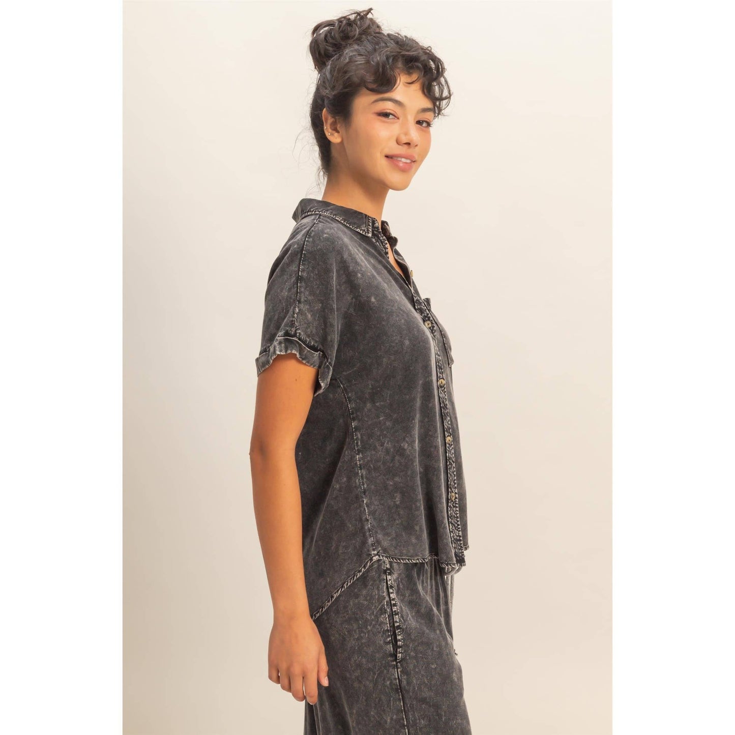 Mineral Wash Button-Up Dolman Sleeve Shirt, Feathered Farmhouse