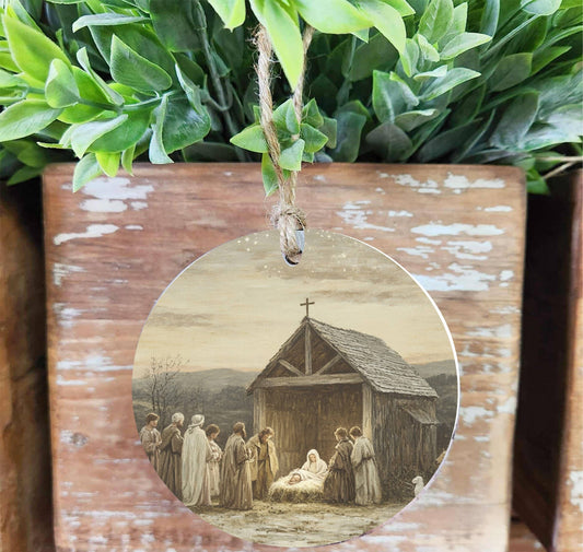 Nativity Scene Wood Ornament, Feathered Farmhouse