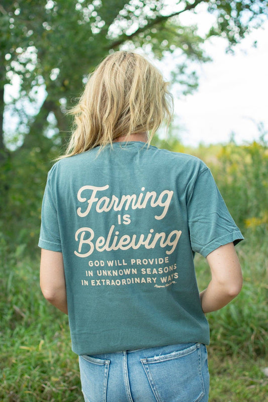 Western 'Farming Is Believing' Graphic Women's Tee, Feathered Farmhouse