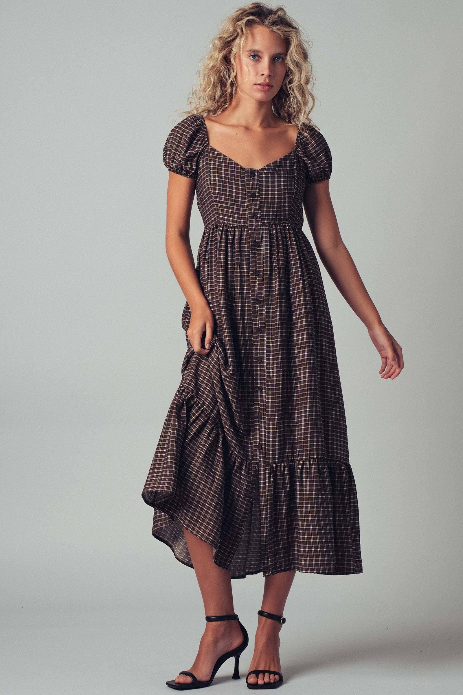 Check Puff Sleeve Smocked Midi Dress, Feathered Farmhouse