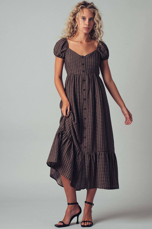 Check Puff Sleeve Smocked Midi Dress, Feathered Farmhouse