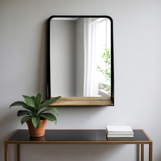Black Metal Mirror with Shelf, Feathered Farmhouse