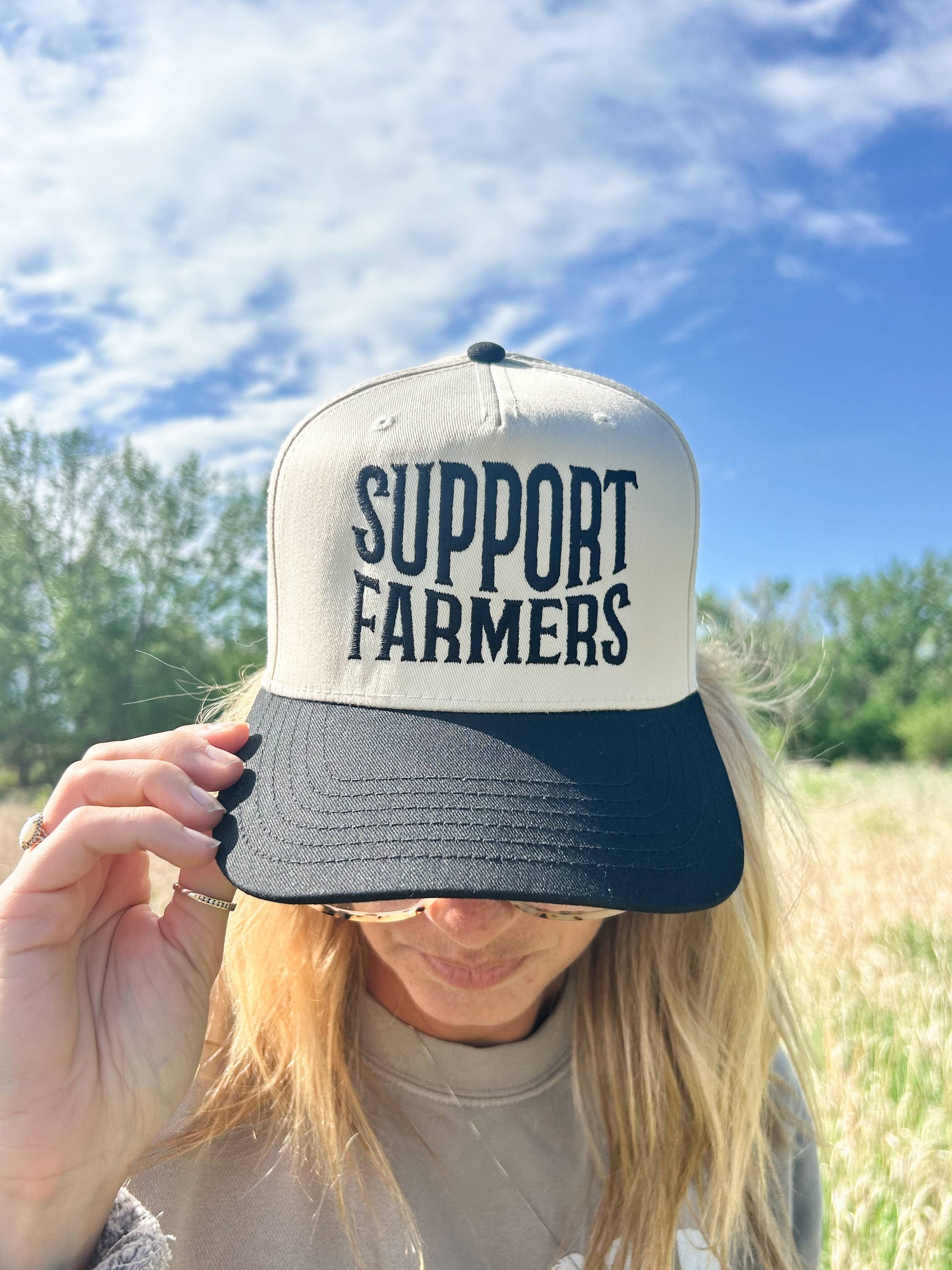 'Support Farmers' Embroidered Trucker Hat, Feathered Farmhouse