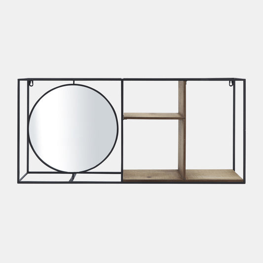 Metal and Wood Wall Shelf with Mirror, Feathered Farmhouse