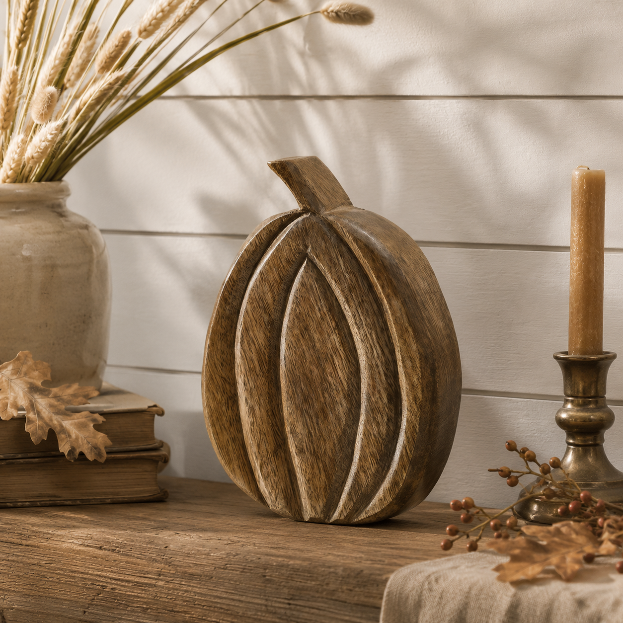 Walnut Wood Pumpkin, Feathered Farmhouse