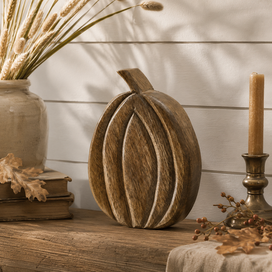 Walnut Wood Pumpkin, Feathered Farmhouse