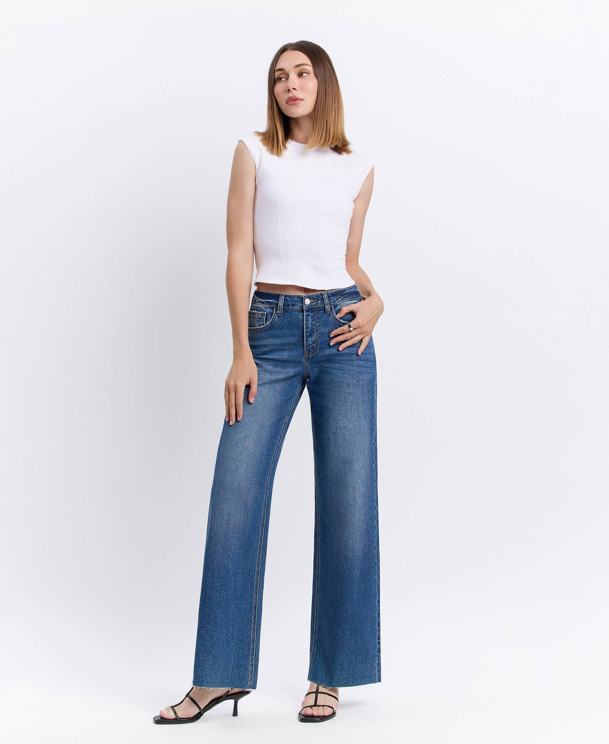 High Rise Clean Cut Raw Hem Jeans, Feathered Farmhouse