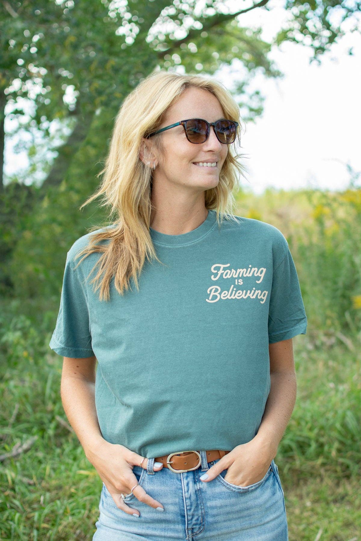 Western 'Farming Is Believing' Graphic Women's Tee, Feathered Farmhouse