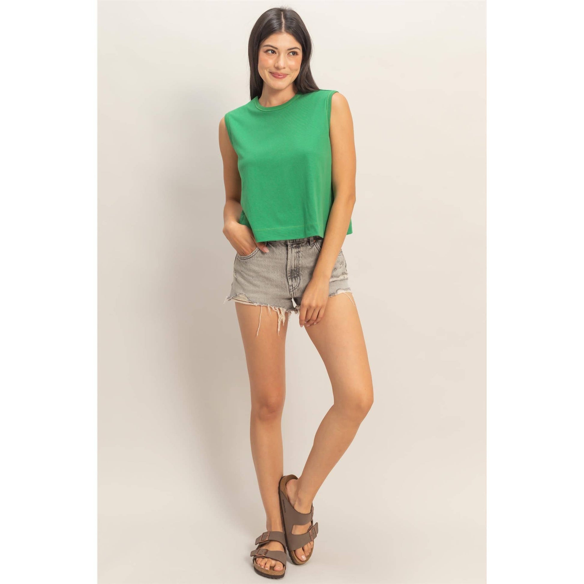 Green Sleeveless Top With Back Pleats, Feathered Farmhouse