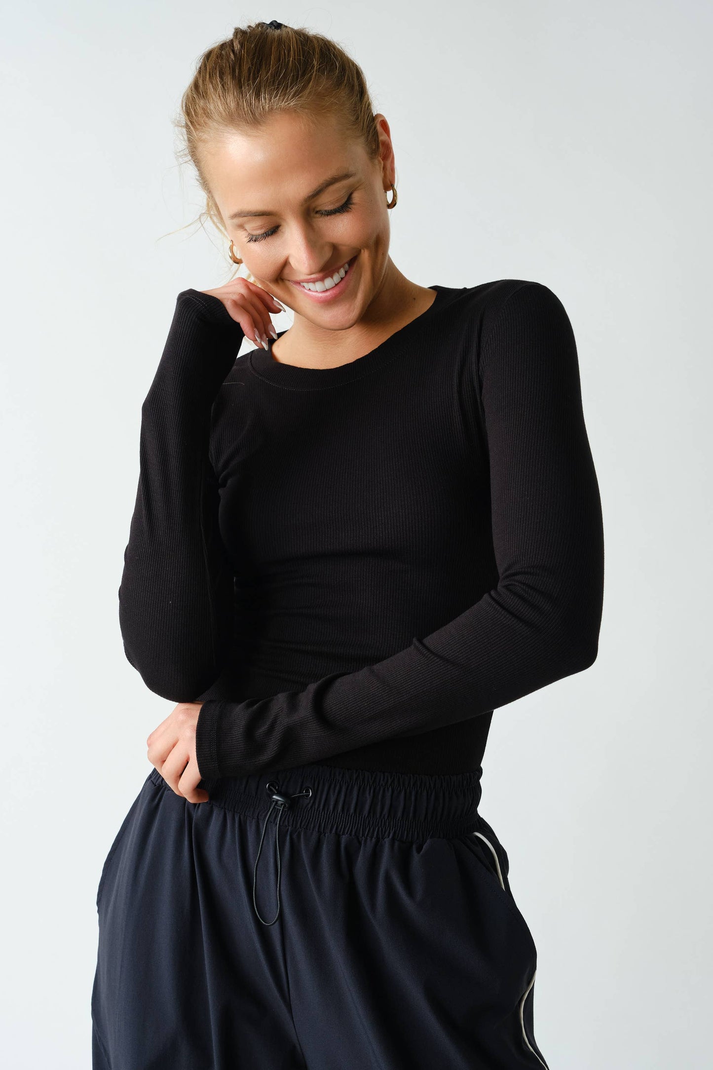 Black Essential Long Sleeved Micro Ribbed Top, Feathered Farmhouse