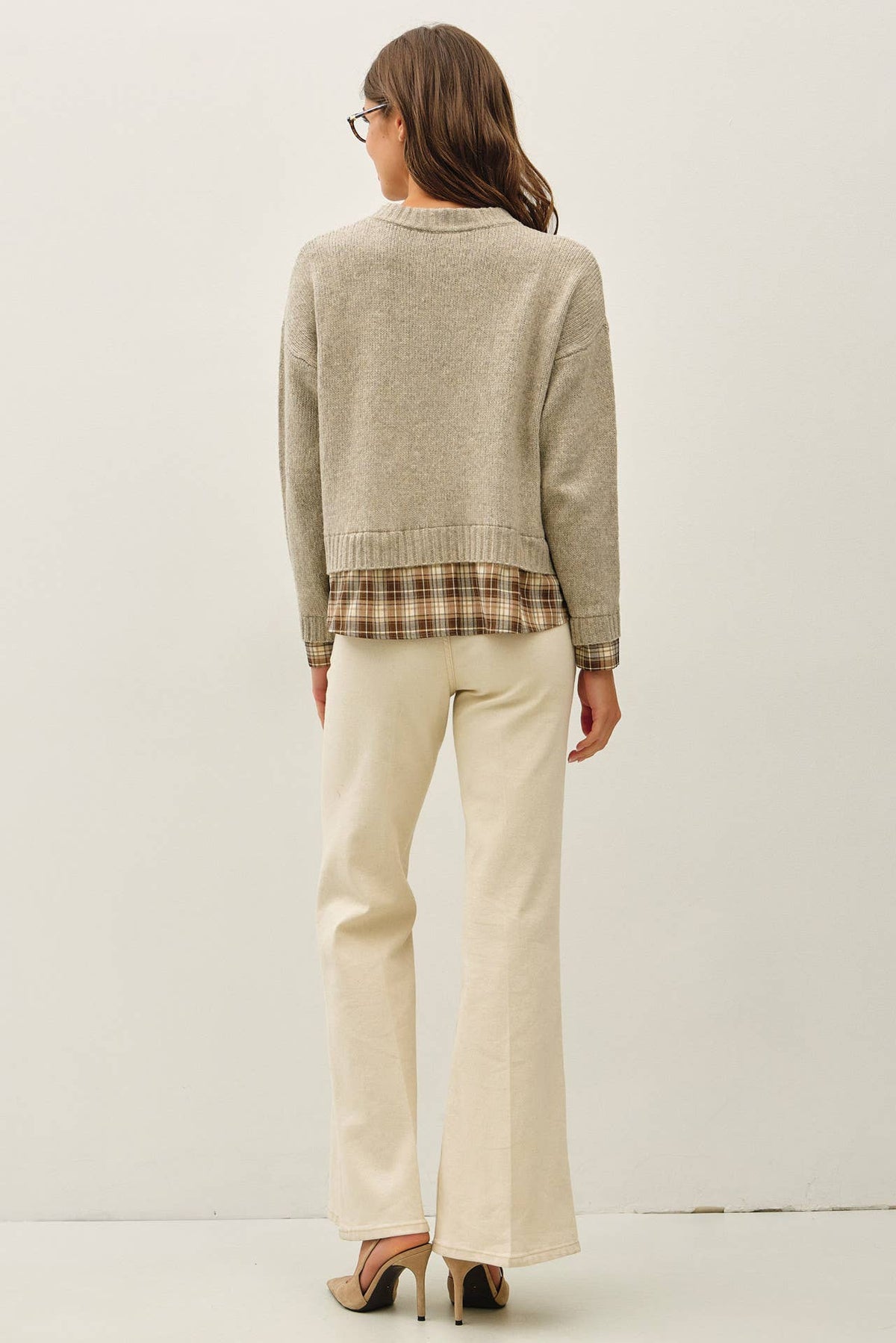 Katrina Plaid Shirt Layered Look Sweater, Feathered Farmhouse