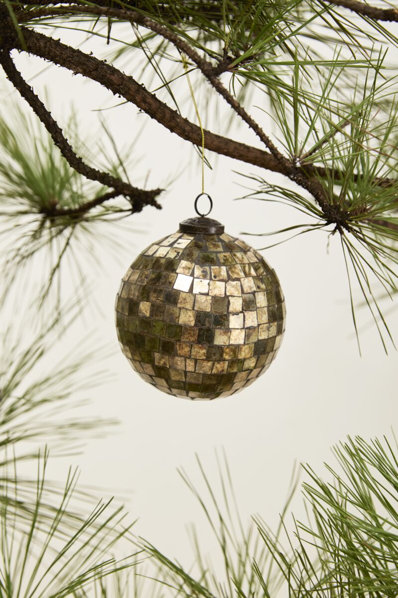 Antiqued Disco Ball Ornament, Feathered Farmhouse