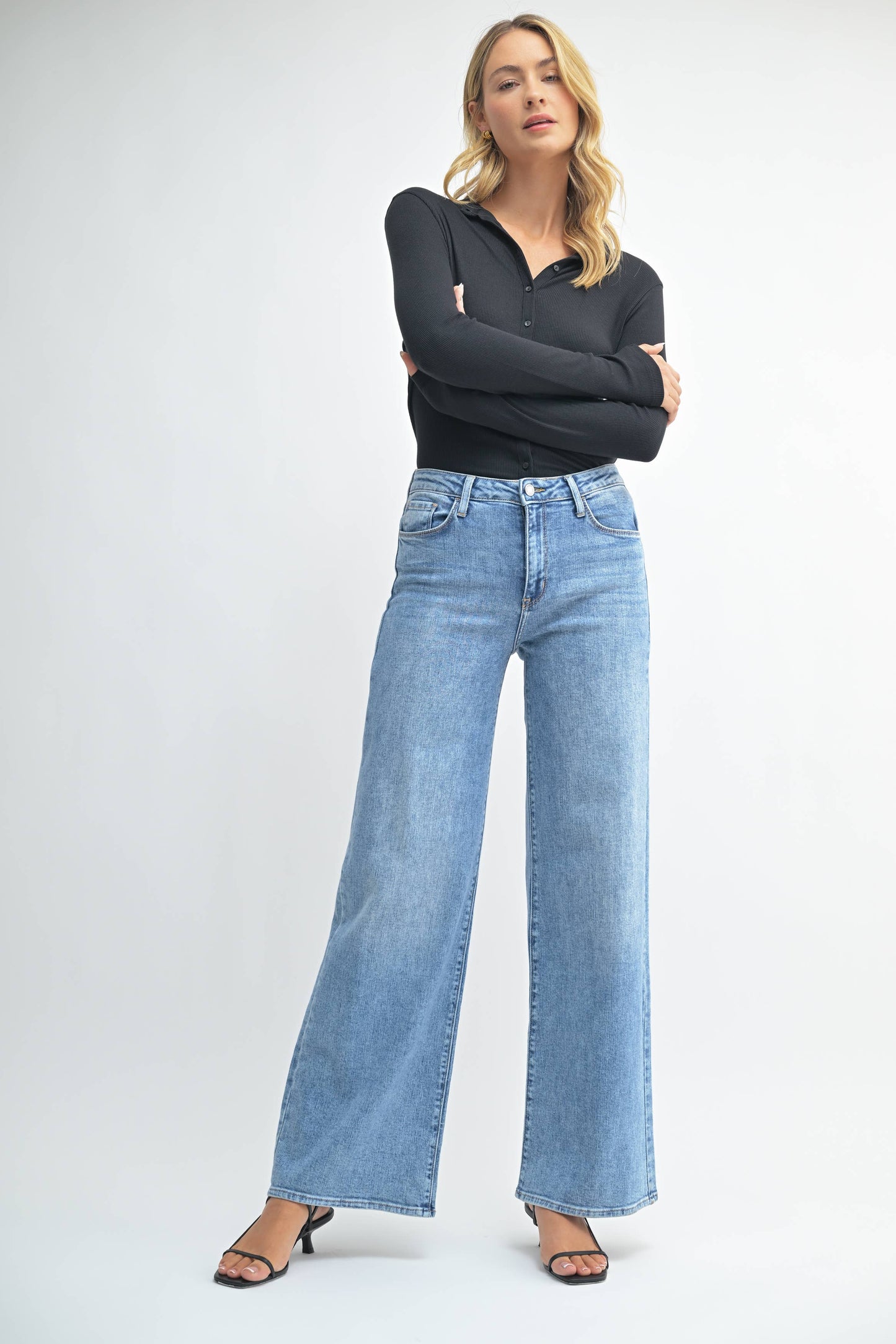 Stretchy Wide Leg Jeans, Feathered Farmhouse